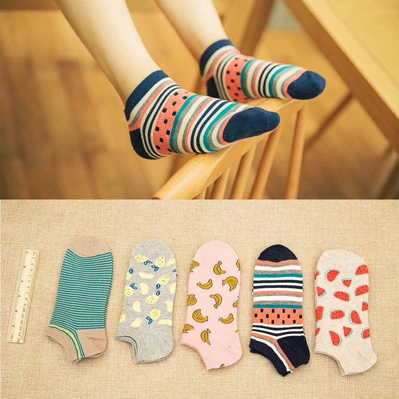 New 5 Pairs/lot Women Cotton Socks Set Cute Cartoon Animal Fruit Casual Girls Short Sock Slippers Harajuku Size 34-40