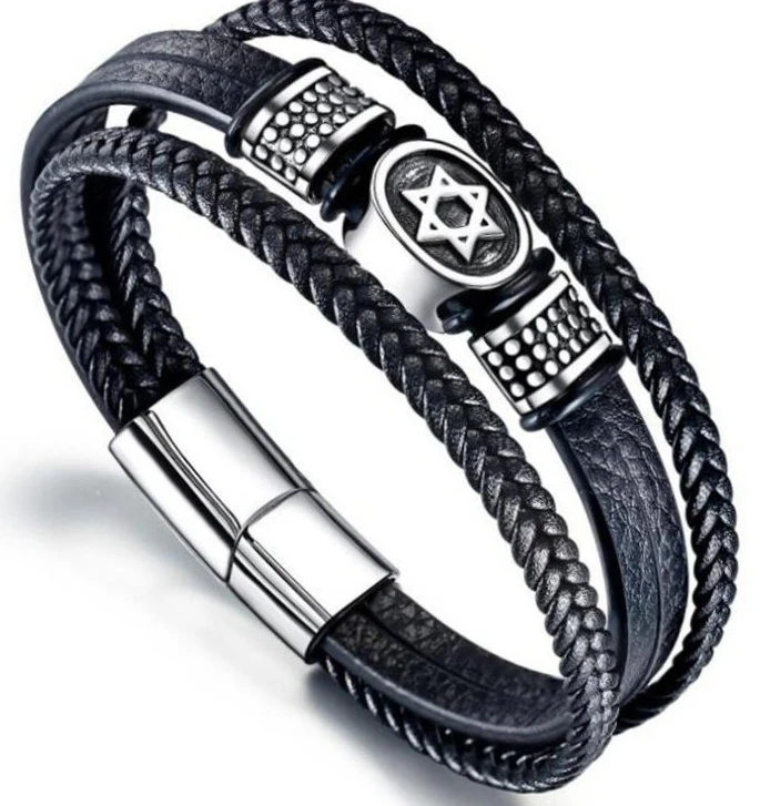 European and American Fashion Stainless Steel Star of David Multilayer Leather Braid Bracelet Men's Charm Amulet Jewelry
