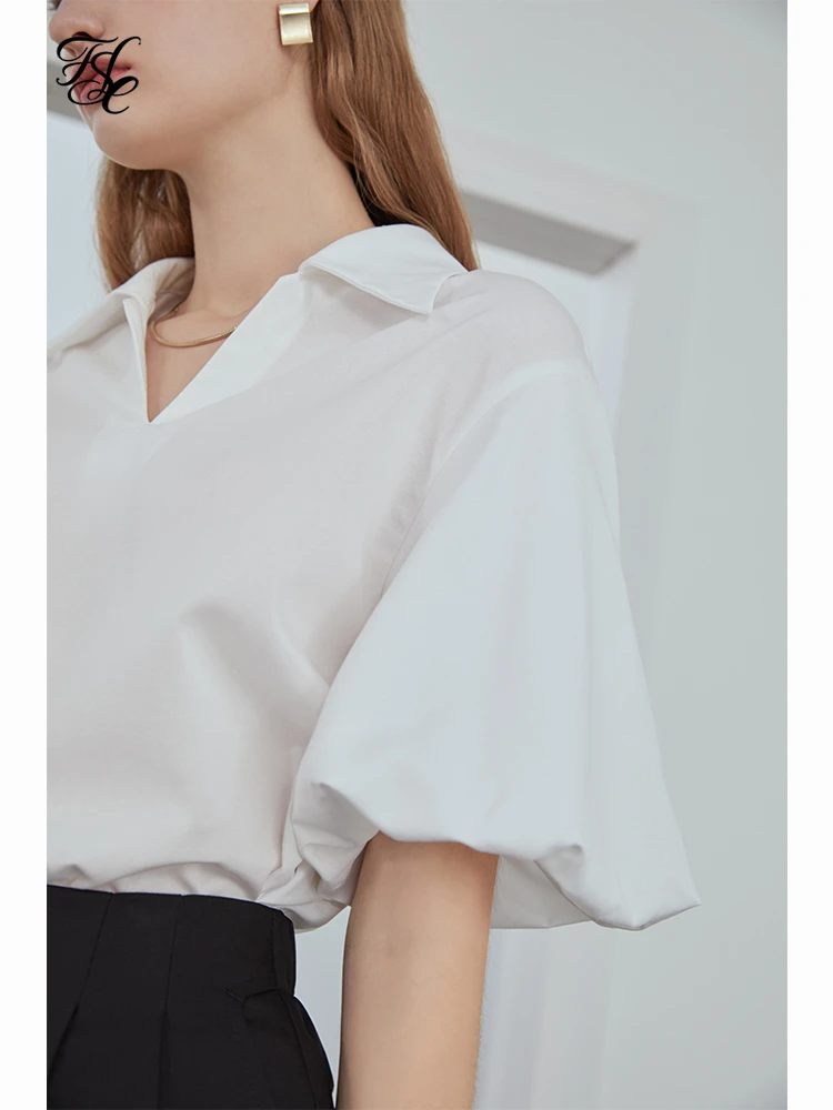 FANSILANEN White Khaki V-neck French Lantern Sleeve Shirt Pullover White Short Sleeve Women Tops 2021 New Summer Women Clothes