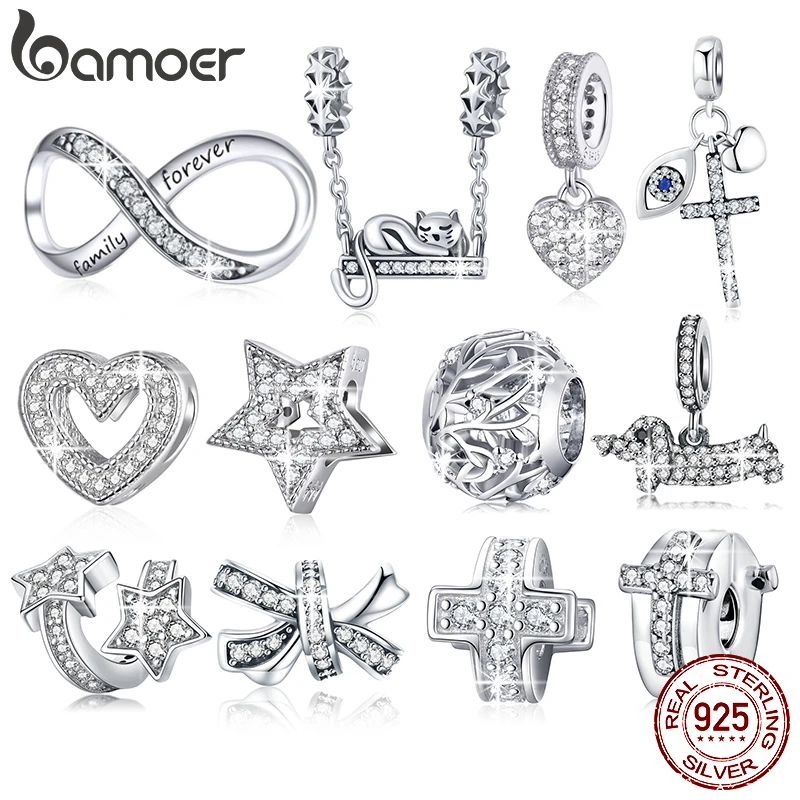 BAMOER Infinity Series Jewelry, Family Forever Charms, 925 Sterling Silver Clear Crystal Charm for Charm Bracelet