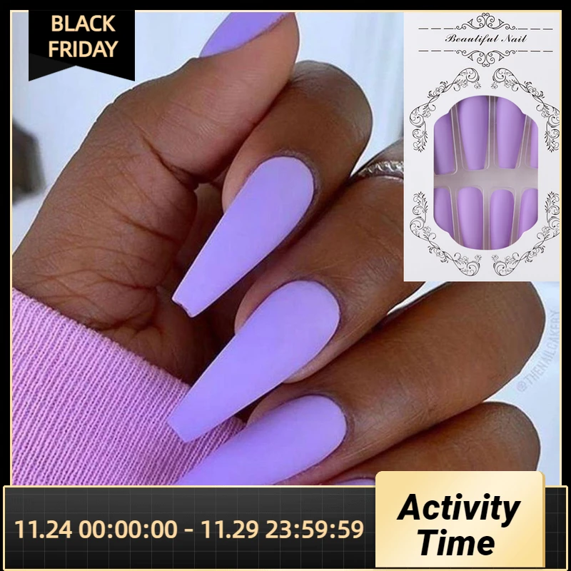 24Pcs Matte Long Ballerina False Nails Tips Colorful Coffin Full Cover Fake Nails With Glue Nail Art Decor Manicure Extension