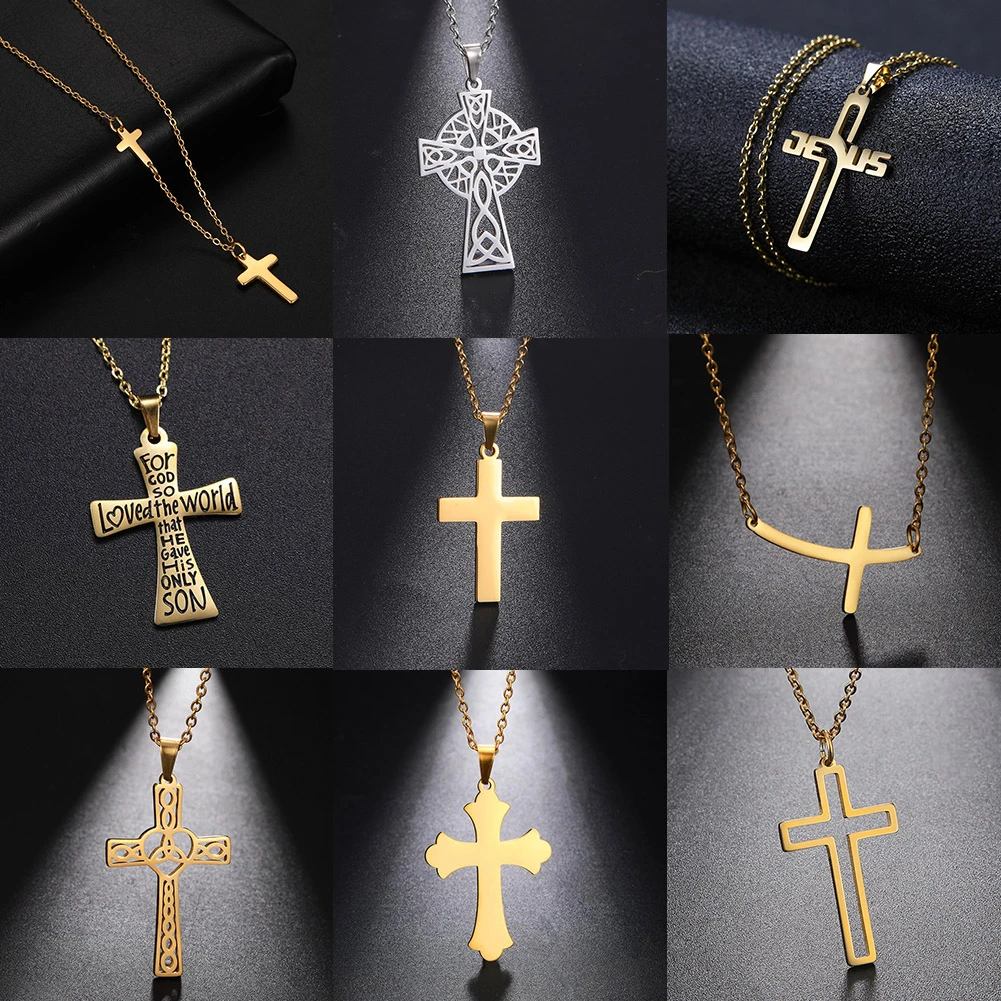 Unift Stainless Steel Necklace Cross Pendant Women's Choker Necklace Men Vintage Jewelry Jesus Religious Accessories Christmas