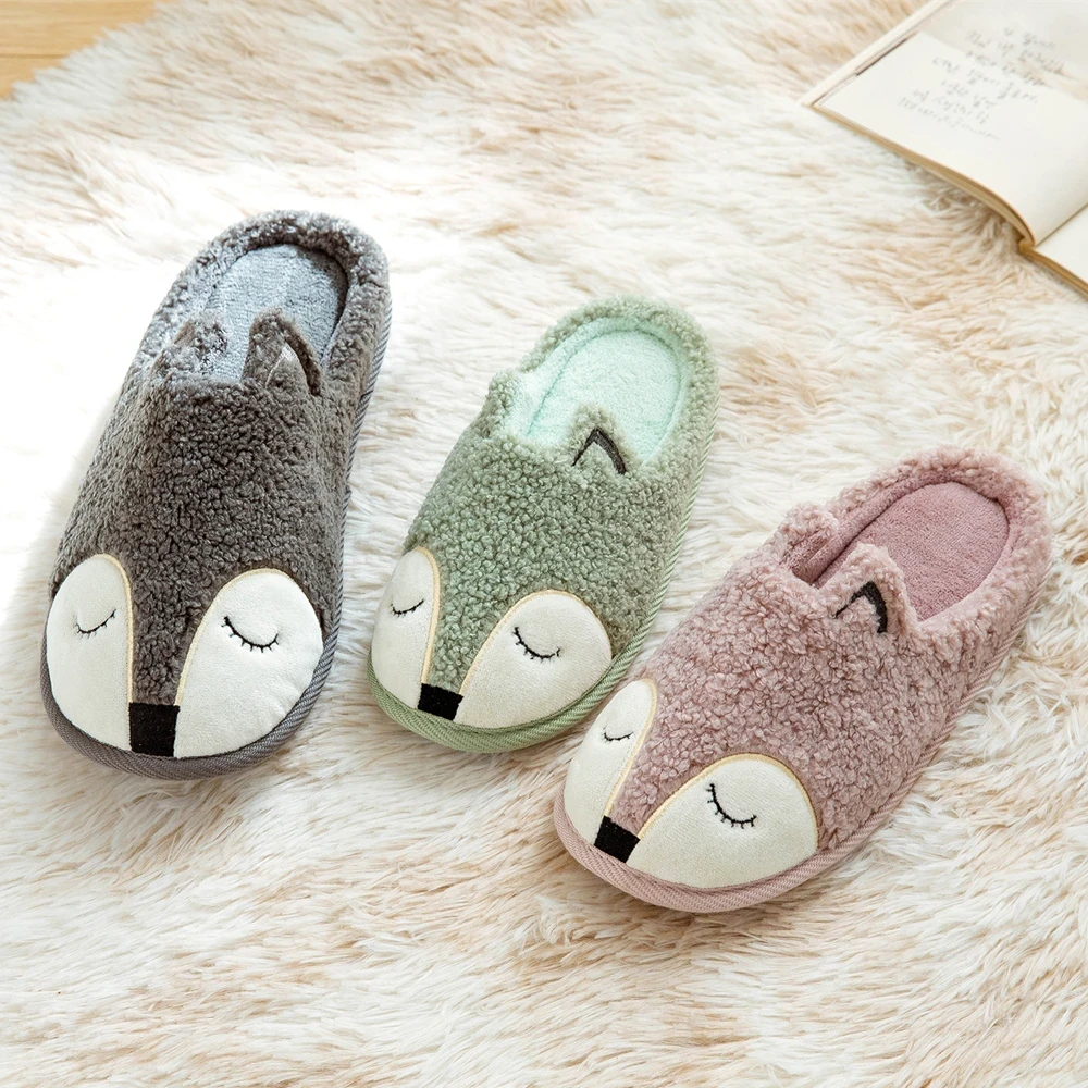 Winter House Women Fur Slippers Soft Memory Foam Sole Cute Cartoon Fox Bear Bedroom Ladies Fluffy Slippers Couples Plush Shoes