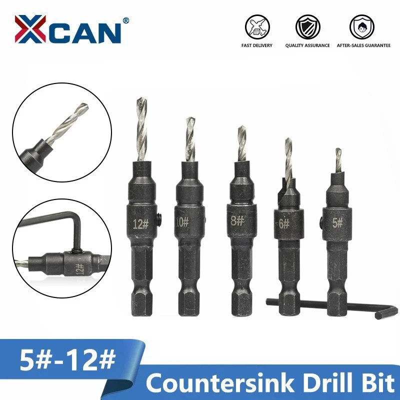 XCAN 6pcs Countersink Drill Bit Set Hex Shank Wood Hole Drilling Cutter Pilot Holes For Screw Twist Drill Bit #5 #6 #8 #10 #12