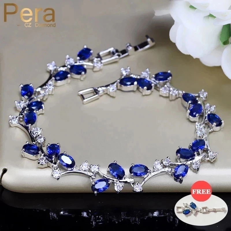 Pera Natural Royal Color Women Jewelry Silver Color Dark Blue CZ Crystal Leaf Chian Link Bracelet and Bangle for Party Gift B042