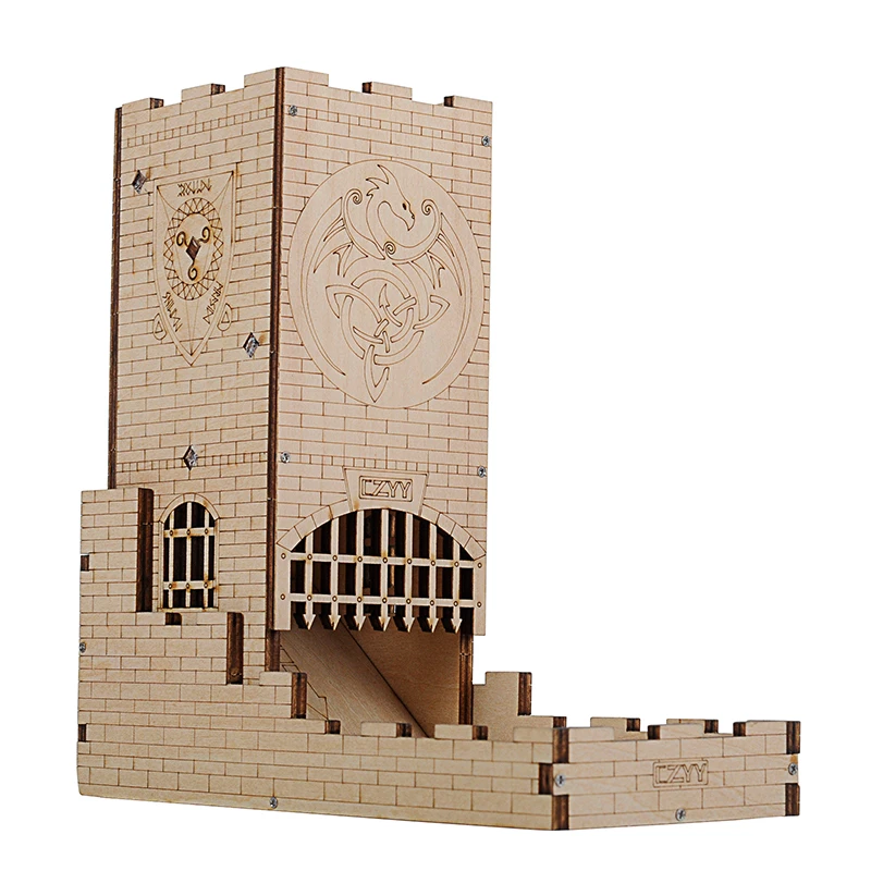 Castle Dice Tower with Tray Wood Laser Cut Dragon Carving Easy Roller Perfect for Board Game, D&D and RPG