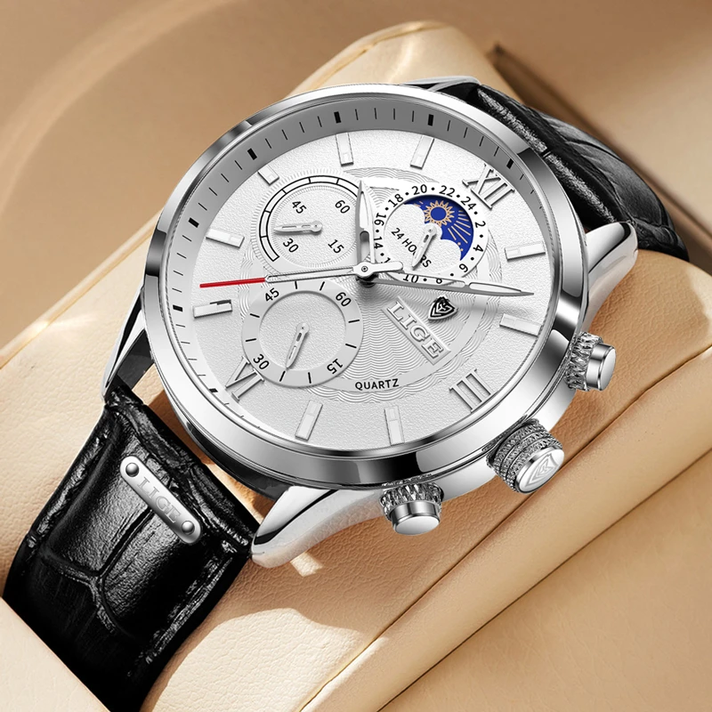 2021 LIGE Men Watches Brand Luxury Black Leather Waterproof Sport Quartz Chronograph Wristwatches Man's Clock Relogio Masculino