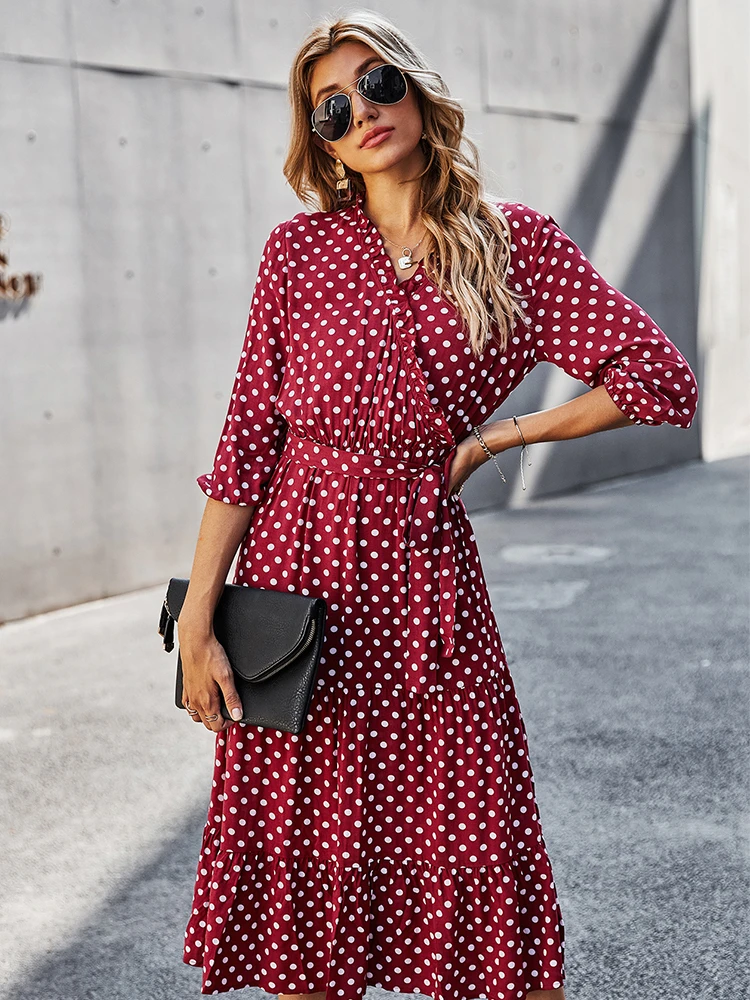 Autumn Winter Dot Bandage Dress Women Casual Ruffles V Neck High Waist Slim Print Long Dress For Women 2021 New Fashion