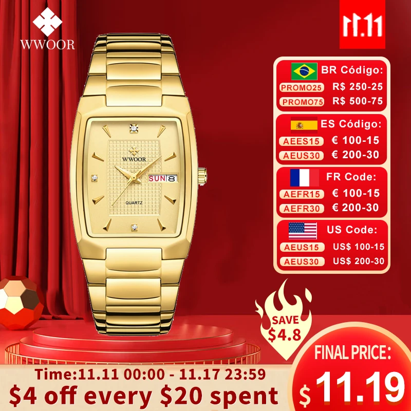 WWOOR 2021 New Square Watch Men with Automatic Week Date Luxury Stainless Steel Gold Mens Quartz Wrist Watches Relogio Masculino