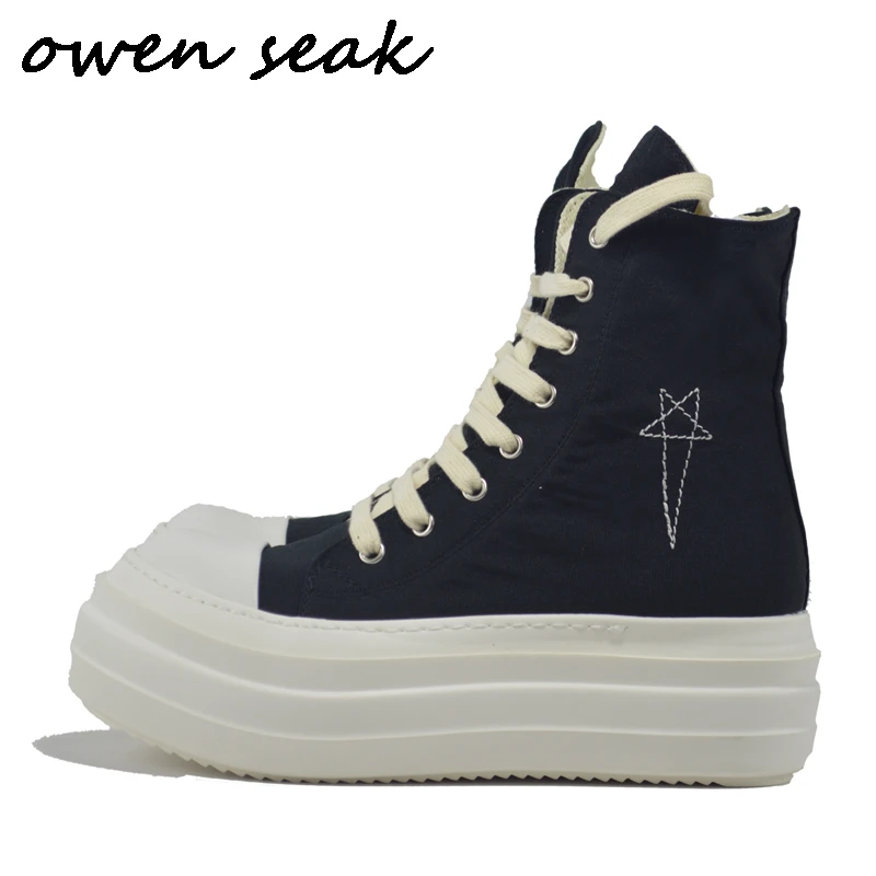 Owen Seak Men Canvas Shoes Luxury Platform Boots Lace Up Sneakers Casual Women Height Increasing Zip High-TOP Flats Black Shoes