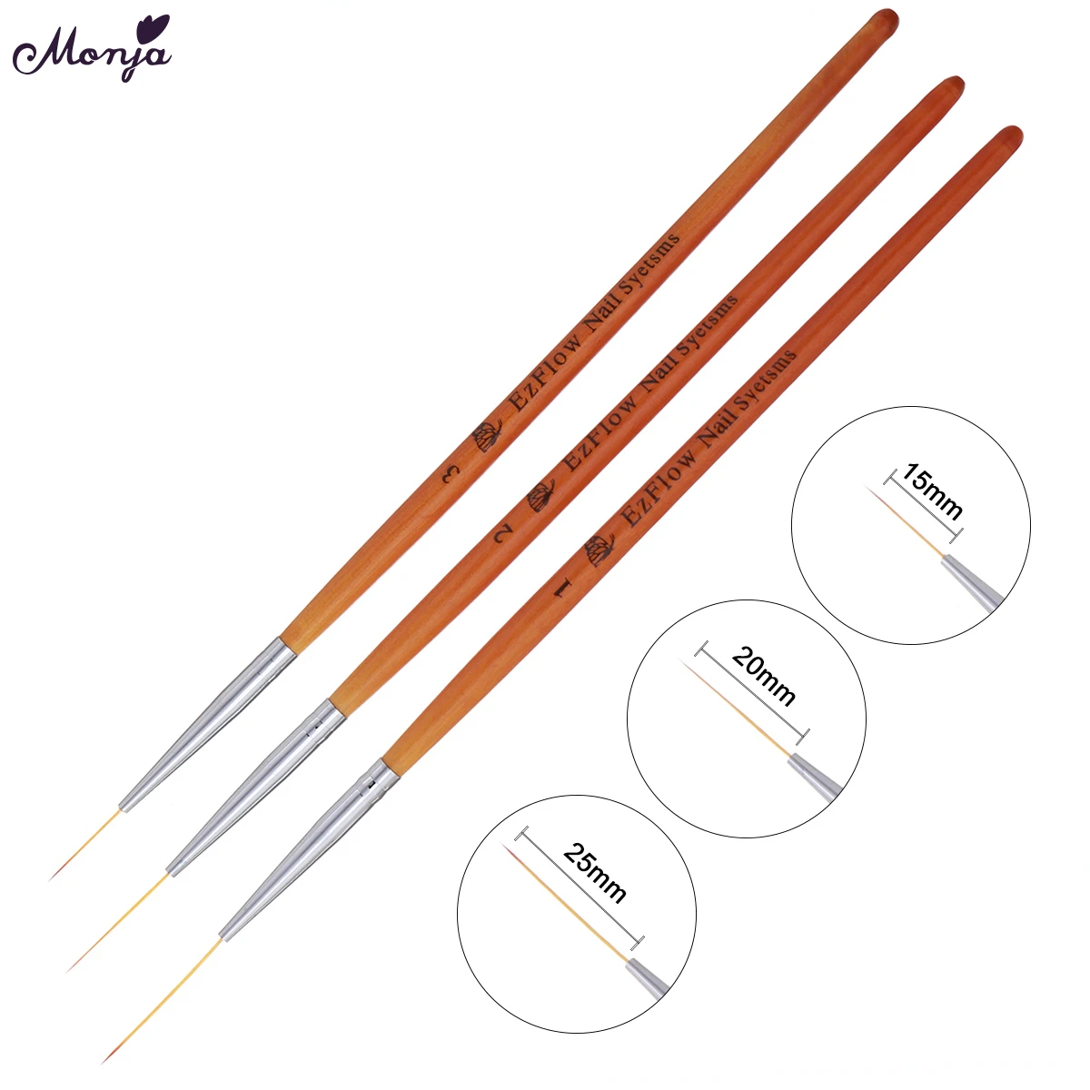 Monja 15/20/25mm 3/5Pcs Nail Art Brush Wooden Handle French Lines Stripe Flower Painting Drawing Liner Pen Manicure Tool