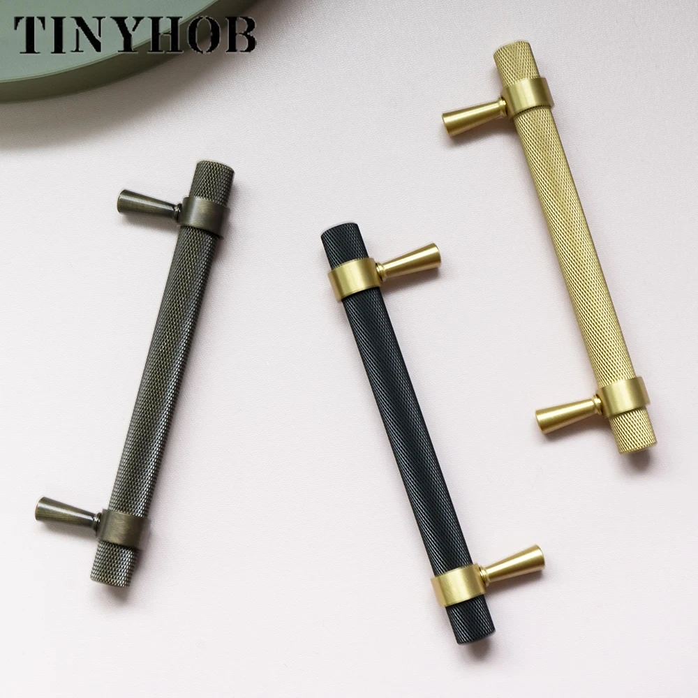 Customize Longer Size Gold/Black Knurled/Textured Kitchen Handles Drawer Pulls Bedroom Knobs Solid Brass T Bar Cabinet Hardware