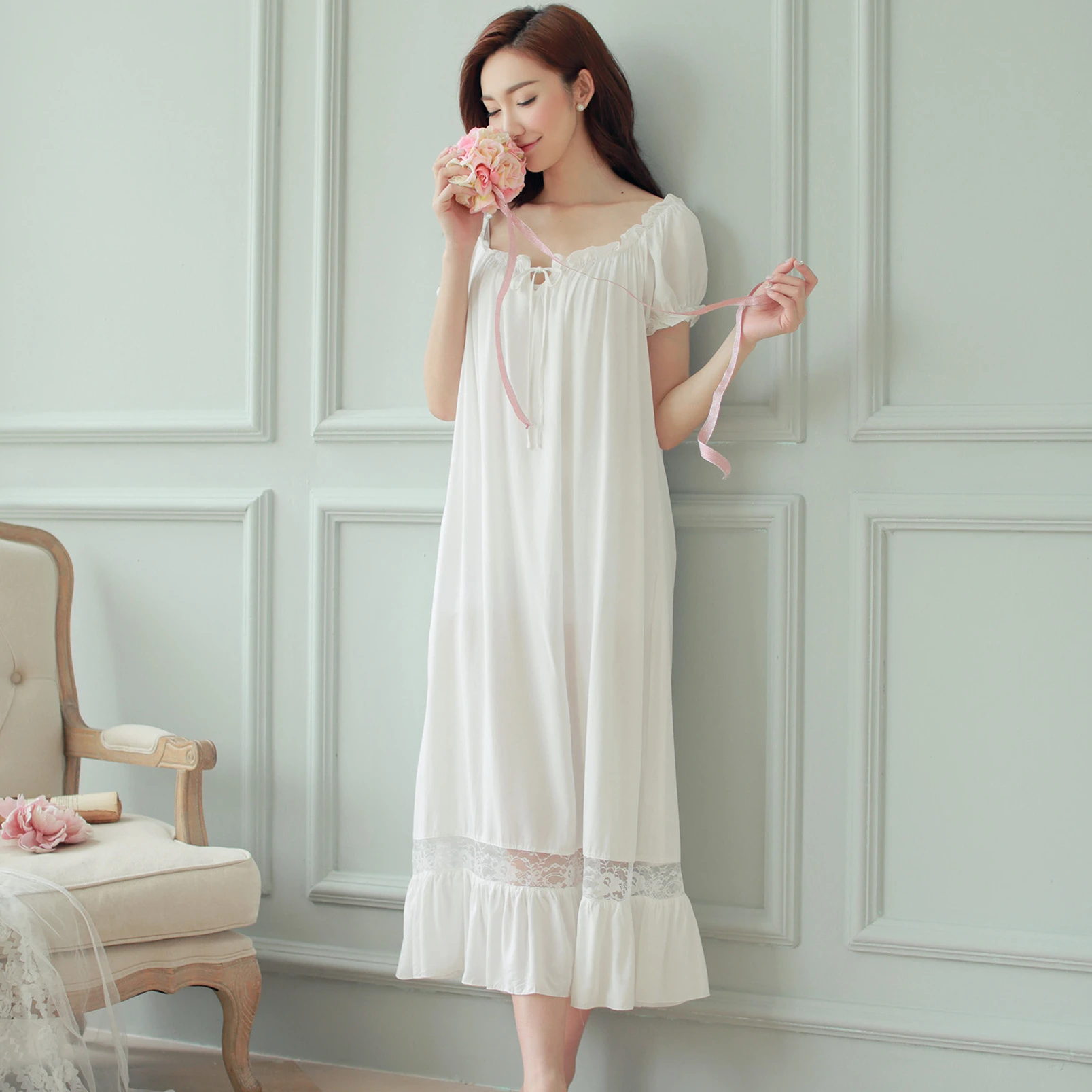 Summer Women Nightgowns White Cotton Short Sleeve Nightdress Vintage Long Sleepwear Lace Sexy Nightwear Home Night Dress 2020