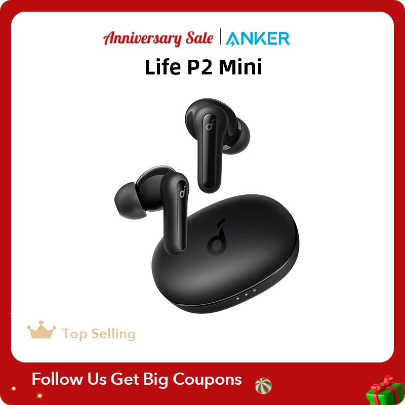 Soundcore by Anker Life P2 Mini True Wireless Earbuds, 10mm Drivers with Big Bass, Custom EQ, Bluetooth 5.2, 32H Playtime