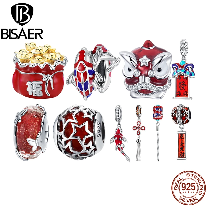 Chinese New Year Red DIY Beads BISAER 925 Sterling Silver Lantern Mouse Koi Silver Charms Beads Fit Pandora Original Bracelet