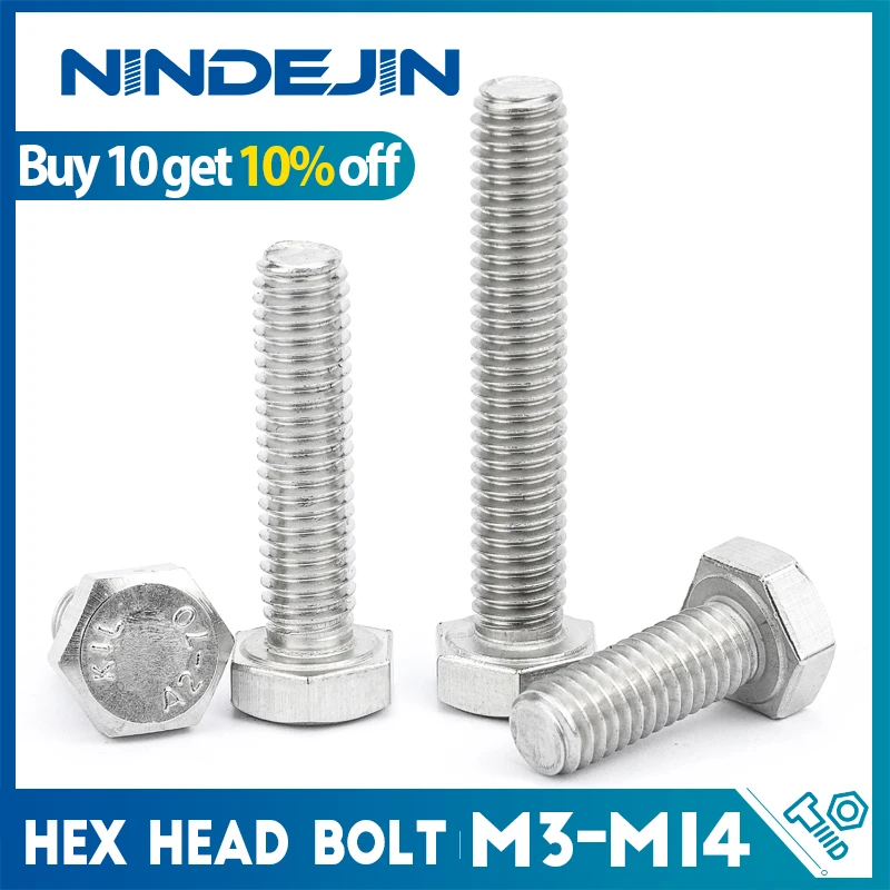 NINDEJIN External Hex Hexagon Head Screws with Full Thread M4 M5 M6 M8 M10 M12 M14 304 Stainless Steel Hexagon Head Bolt DIN933