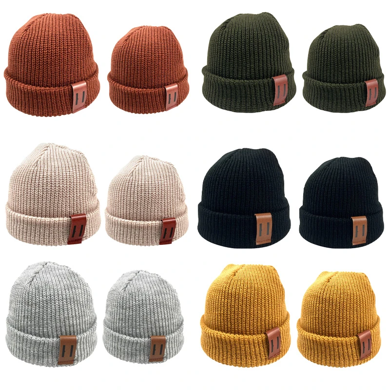 Baby Knit Hat for Boys Girls Autumn Winter Warm Kids Beanie Adult Children Parent-Child Hats Newborn Baby Cap with Leather Label