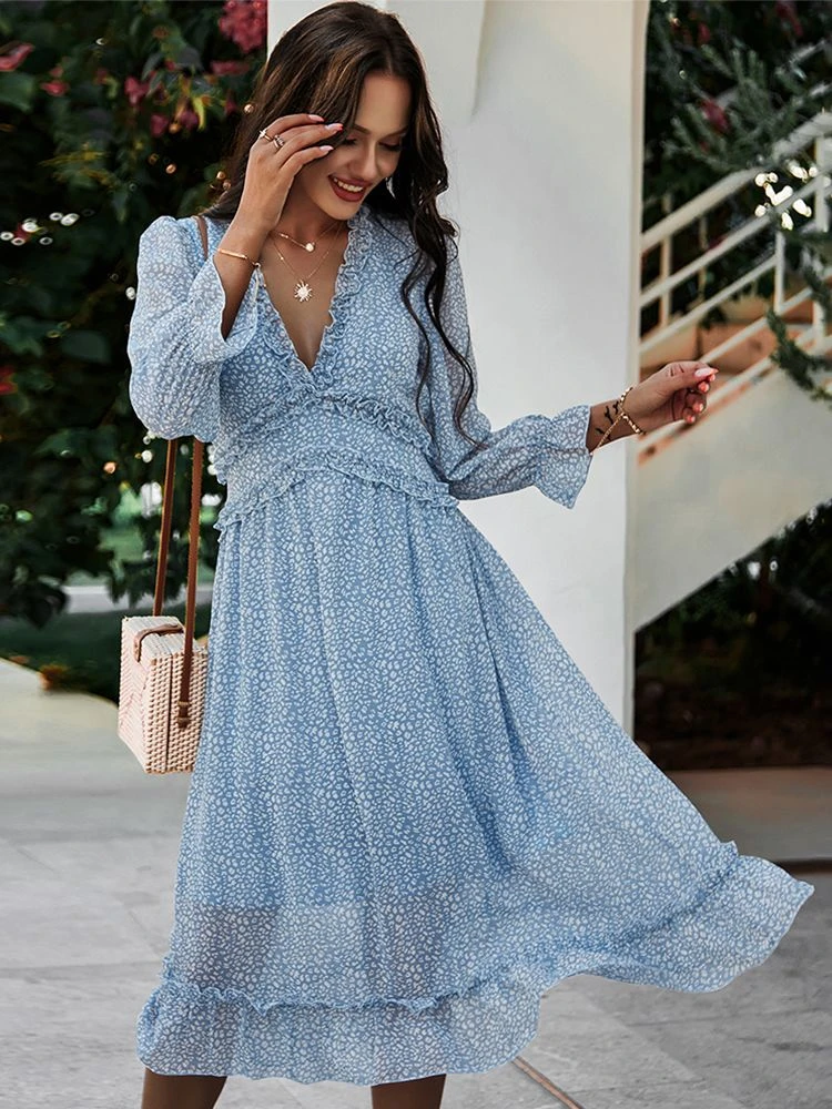 Boho Summer Dress 2021 Ruffles Print V Neck Chiffon Midi Dress Women Wrist Flare Sleeve Empire Holiday Beach Dresses For Women