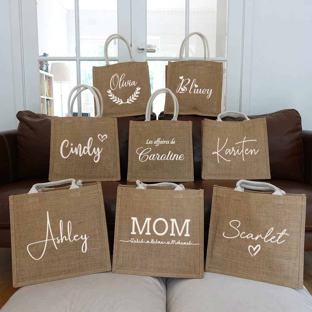 Jute Tote Bag Wedding Bridesmaid Burlap Bags Gift Personalized Custom Name Reusable Shopping Storage Handbag Party Decoration