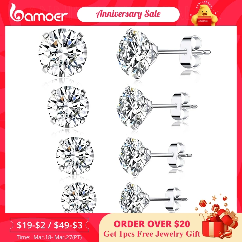 bamoer CZ Stud Earrings 925 Sterling Silver Platinum Plated Round Cubic Zirconia Hypoallergenic Earrings 4mm 5mm 6mm 7mm BSE166