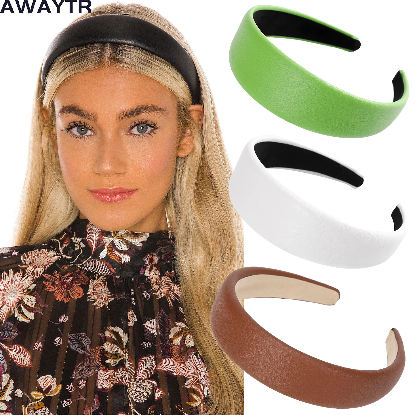 AWAYTR Solid Color Leather Hairbands Girls Headband non-slip Hair Hoops Wide Side Head Band Women Bezel Fashion Hair Accessories
