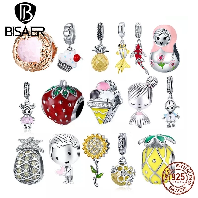 BISAER Hot Sale Couple Little Girl Boy 925 Sterling Silver Pineapple Food Avocado Beads Charm Bracelet Silver 925 Jewelry