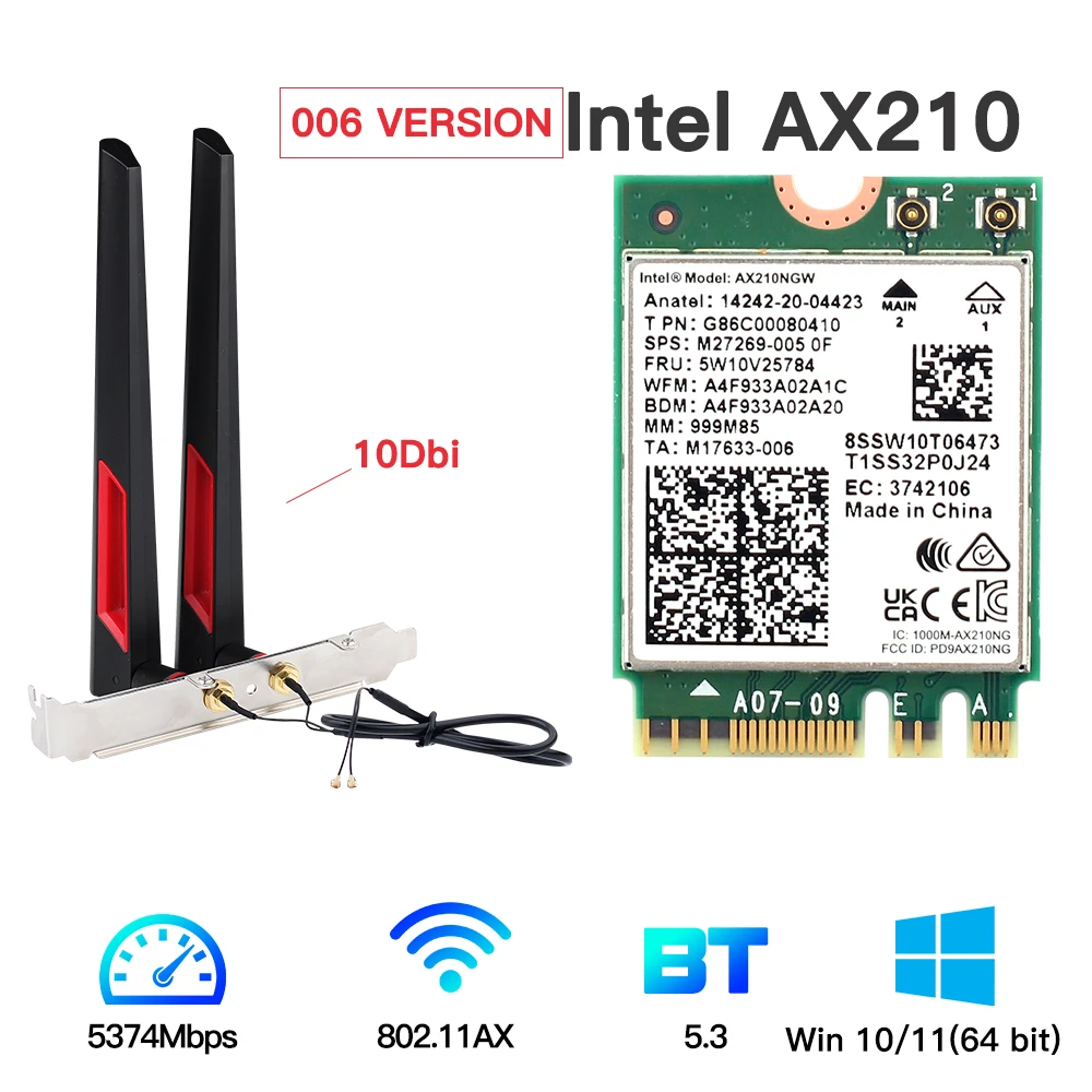 Dual Band 3000Mbps Wifi 6E Intel AX210 M.2 Wifi Wireless Card Bluetooth 5.2 802.11ac/ax AX210NGW With 6dbi Antennas For Win 10