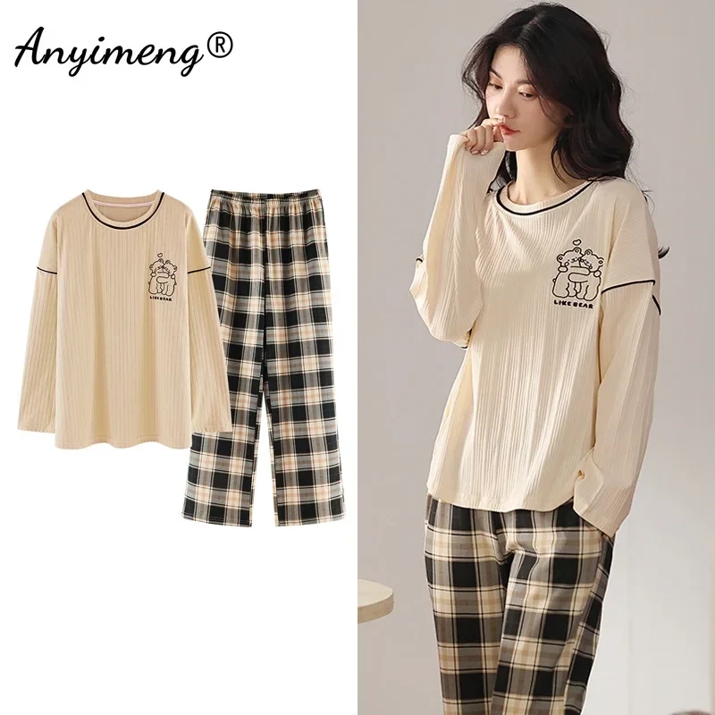 Autumn Winter New Korean Kawaii Pajama Set for Women Pajamas Cotton Long Sleeve Big Pijamas Fashion Sleepwear Plus Size 4xl 5xl