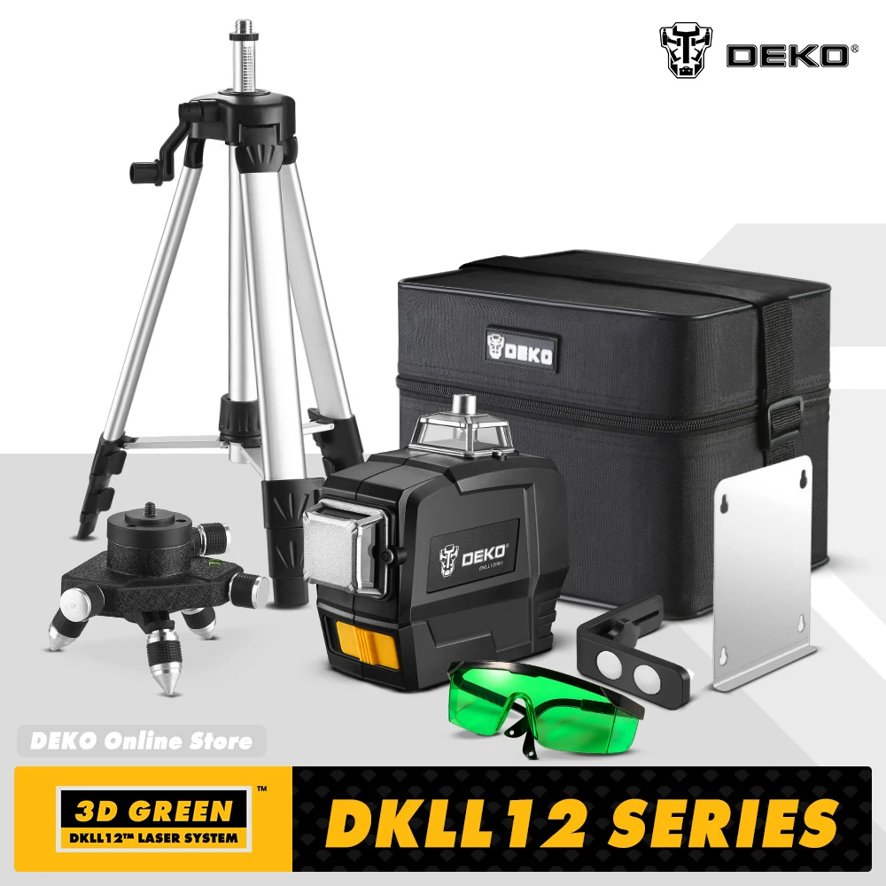 DEKO DC Series 3D 360 Degrees Rotary Self-leveling Laser Level Green Powerful Vertical Horizontal 12 Cross Lines Indoor/Outdoor