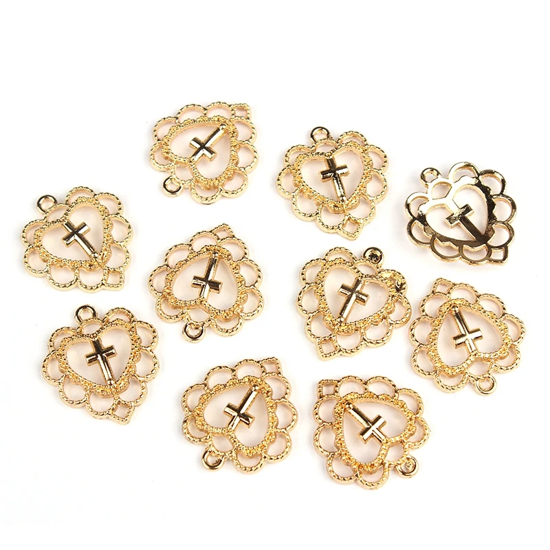 20mm 10pcs/lot Zinc Alloy Gold Hollow Love Sweet Heart Cross Religious Charms Pendant For DIY Jewelry Making Accessories