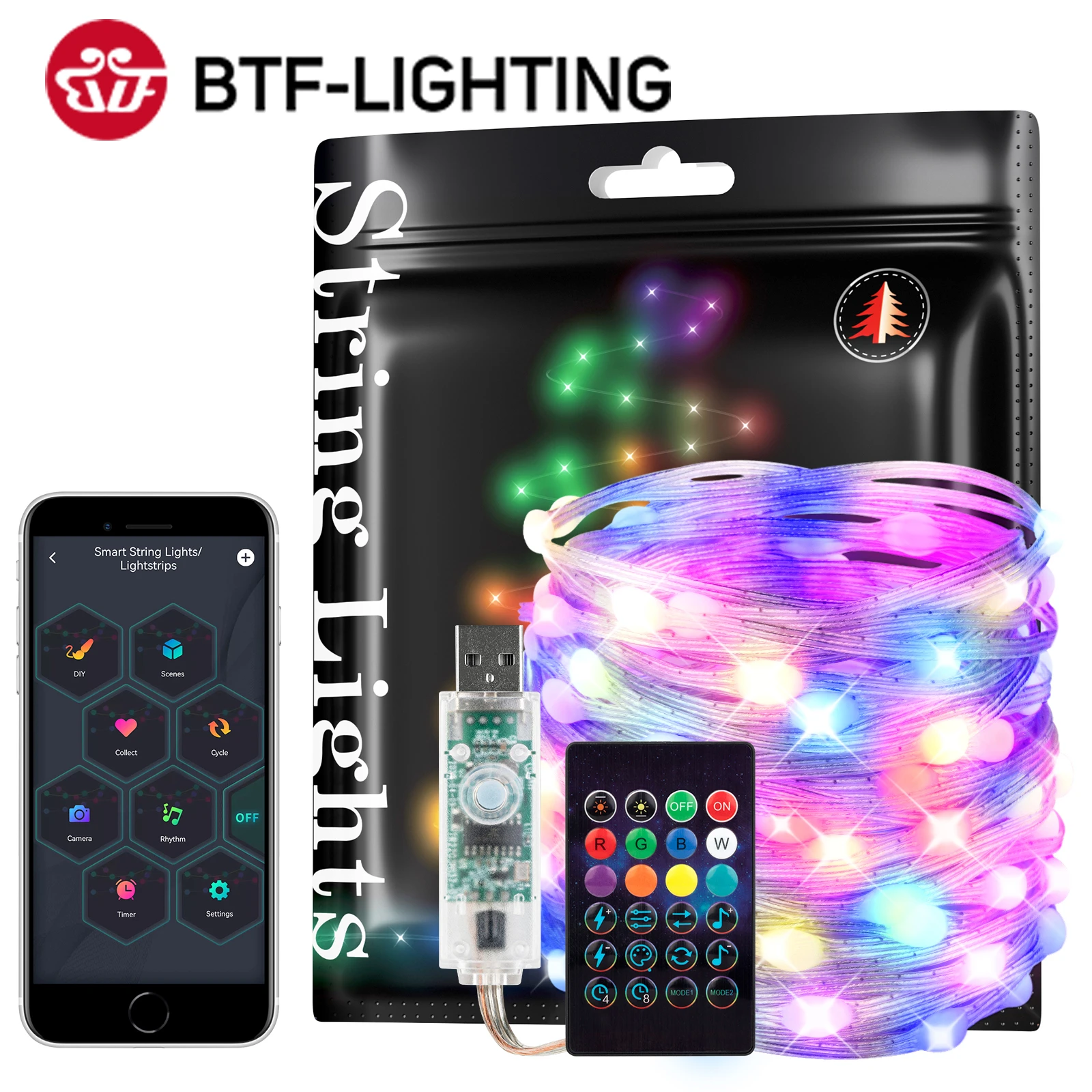 Christmas Lights String Lighting WS2812B RGBIC Addressable Individually Dream Color Christmas Decoration LED Module USB Power 5V