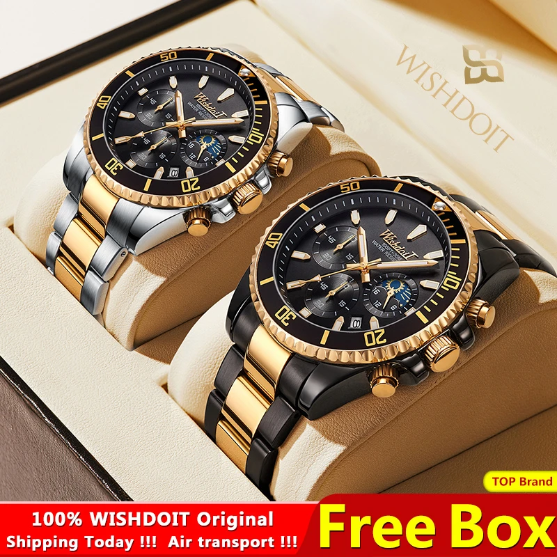 WISHDOIT New Men's Sports Watch Top Brand Luxury Stainless Steel Gold Watch Waterproof Casual Quartz Men's Watch