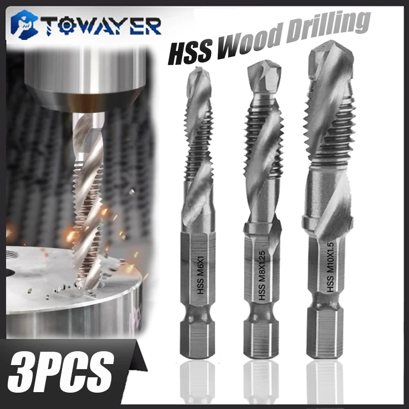 3Pcs Titanium Plated Drill Bits Hex Shank HSS Screw Thread Metric Tap Screw Machine Compound M3 M4 M5 M6 M8 M10 Hand Tools
