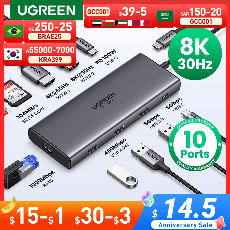UGREEN USB HUB C HUB HDMI Adapter 10 in 1 USB C to USB 3.0 Dock for MacBook Pro Accessories USB-C Type C 3.1 Splitter USB C HUB