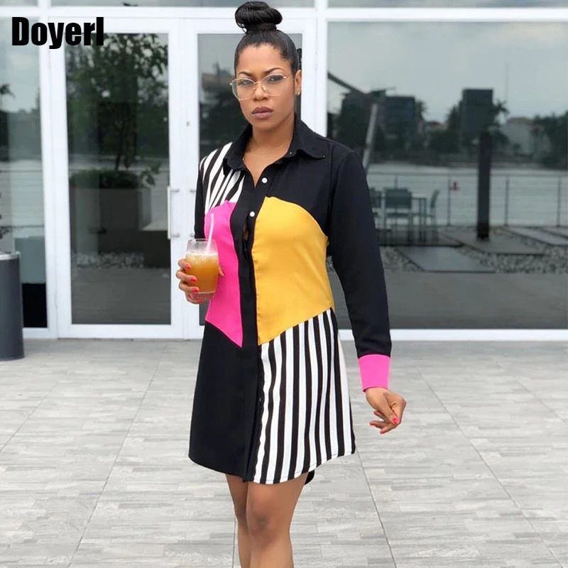 Women Summer Long Sleeve Shirt Dress 2021 Streetwear Office Stripe Knee-length Casual Dress Black Button Loose Midi Party Dress