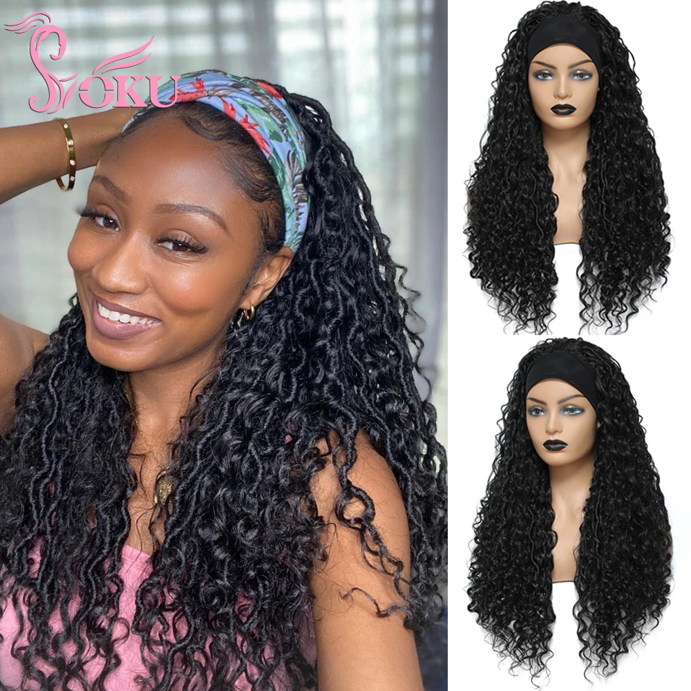 Headband Wig Braided Wigs With Curly Faux Locs Crochet Braid Hair for Black Women SOKU Ombre 24 Inch Long Synthetic Braids Wig
