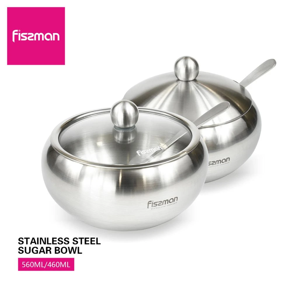 Fissman Sugar Bowl Stainless Steel Cruet with Lid&Spoon Salt Shaker Sauce Cruet Seasoning Jar