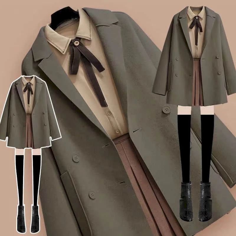 Woolen coat three-piece jacket blouse short skirt plus size women streetwear autumn winter suit female age reduction double-side