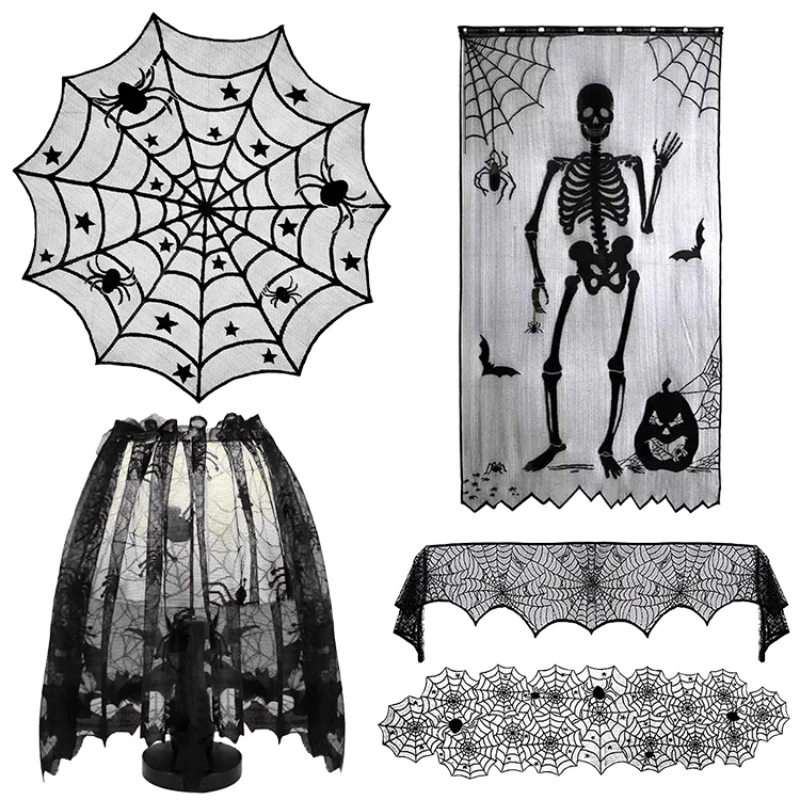 Halloween Decoration Lace Spider Web Skeleton Skull Tablecloth Runner Black Fireplace Mantel Scarf Event Party Decoration Supply