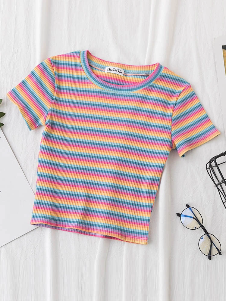 New T Shirt Women Rainbow Striped Tops Slim Fit t shirt Harajuku Tshirt Summer Short Sleeve Korean T-shirt feminina Clothes Tops