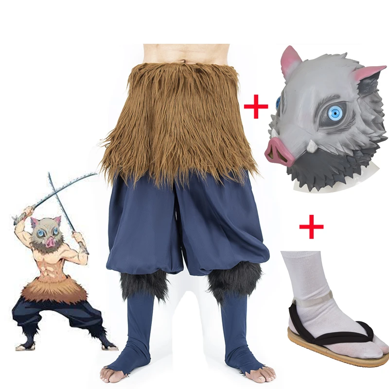 Anime Demon Slayer Kimetsu no Yaiba Hashibira Inosuke Cosplay Costume Pig Silicone Mask Black Socks Sandals