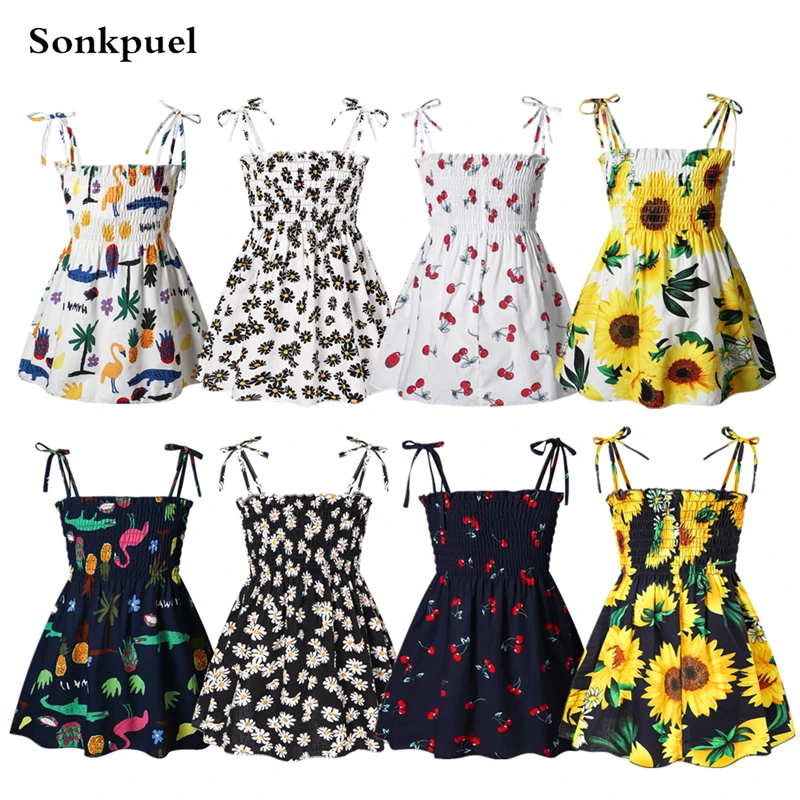 1-7 Years Baby Girls Dress Summer Children Elegant Sling Princess Dress Flower Print Kids Braces Dresses Girl Cotton Clothing