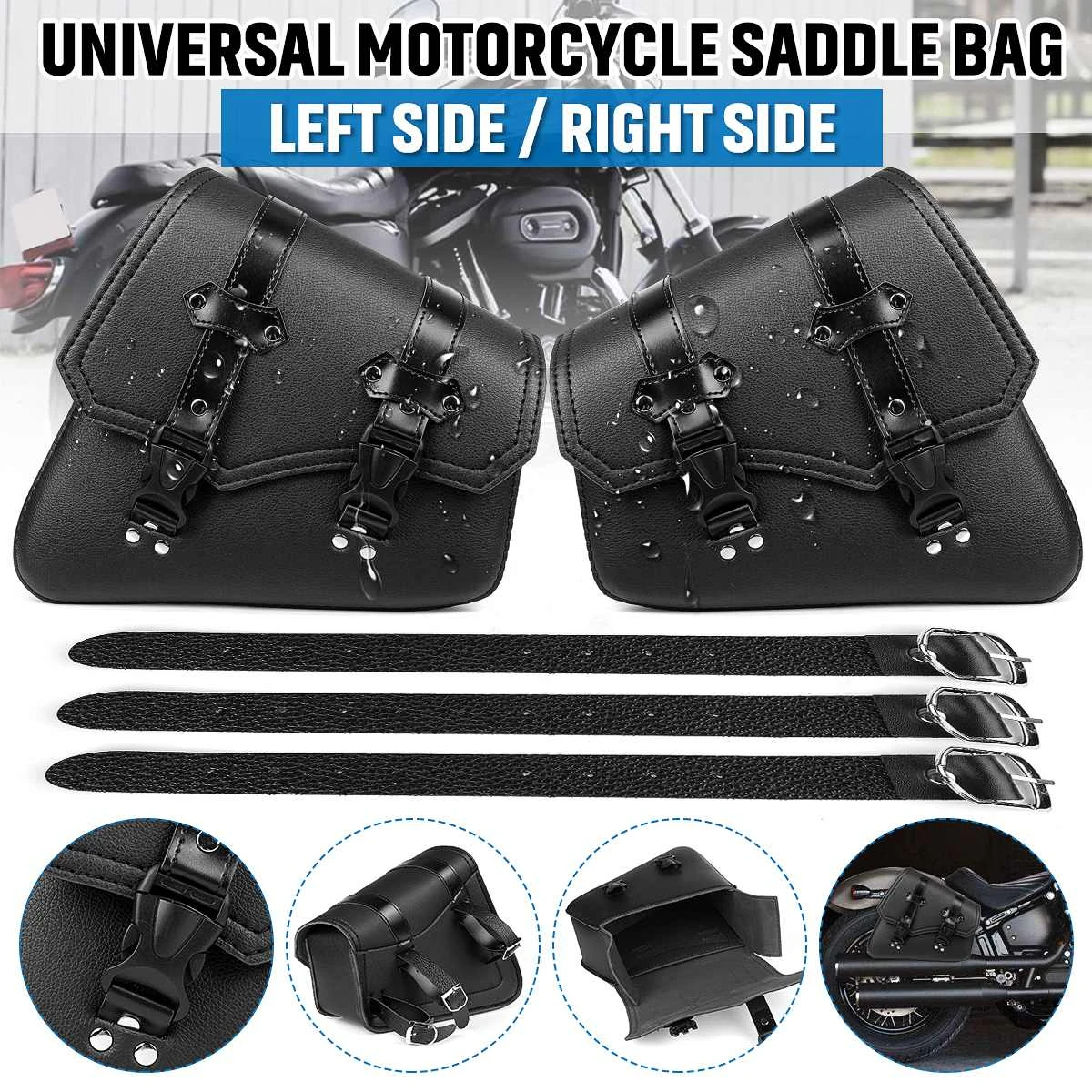 Motorcycle Saddlebags Side Tool Bag PU Leather Luggage Saddle Bag Pouch Black Universal