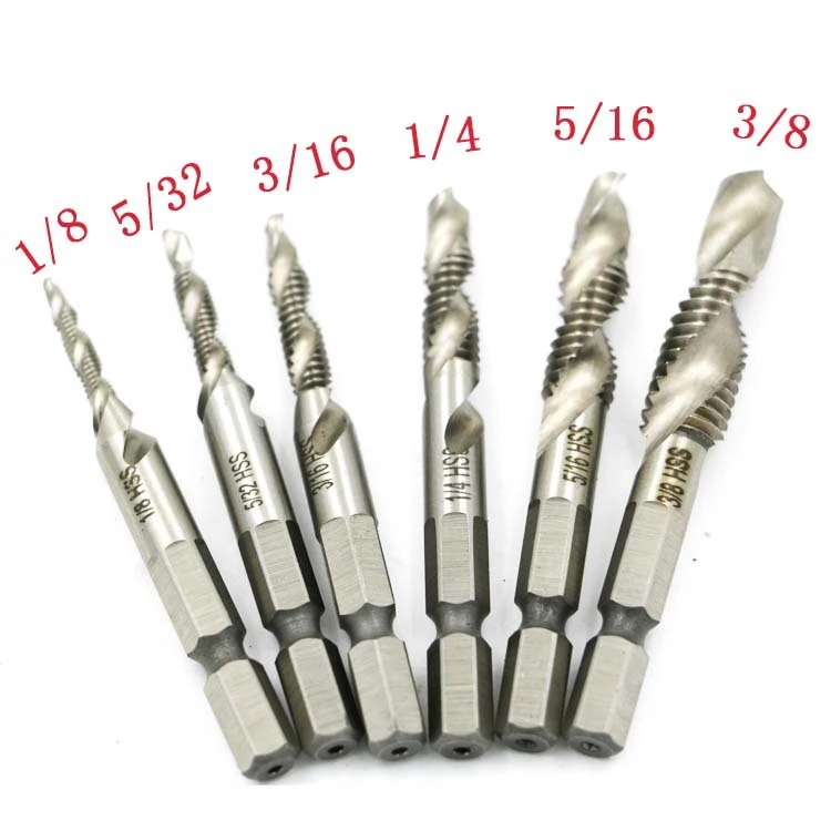 6pcs 1/8-3/8 Inch  Thread HSS Combination Drill Tap Bit Set 1/4 Inch Hex Shank Deburr Countersink Bits