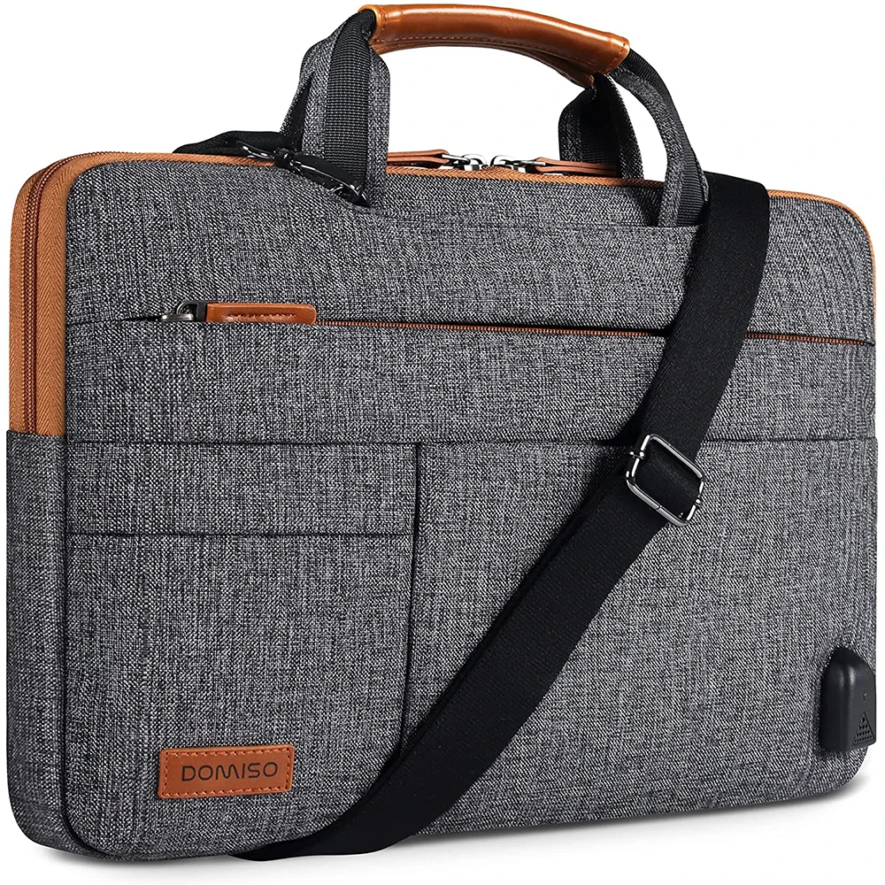 DOMISO10 13 14 15.6 17.3 Inch Multi-Functional Laptop Sleeve Business Briefcase Messenger Bag with USB Charging Port Brown Grey