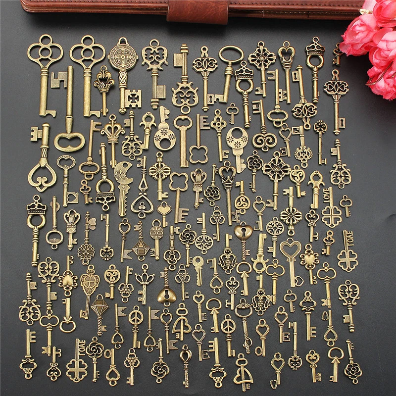 125Pcs Vintage Antique Bronze Plated Metal Love Heart Key Charms Pendant DIY Jewelry Making Findings Accessories Craft