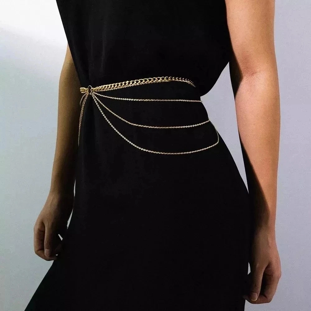 PuRui Multi Layer Waist Chain Belt for Women Hiphop Alloy Metal Gold Color Belly Chain Dress Body Belt Fashion Jewelry