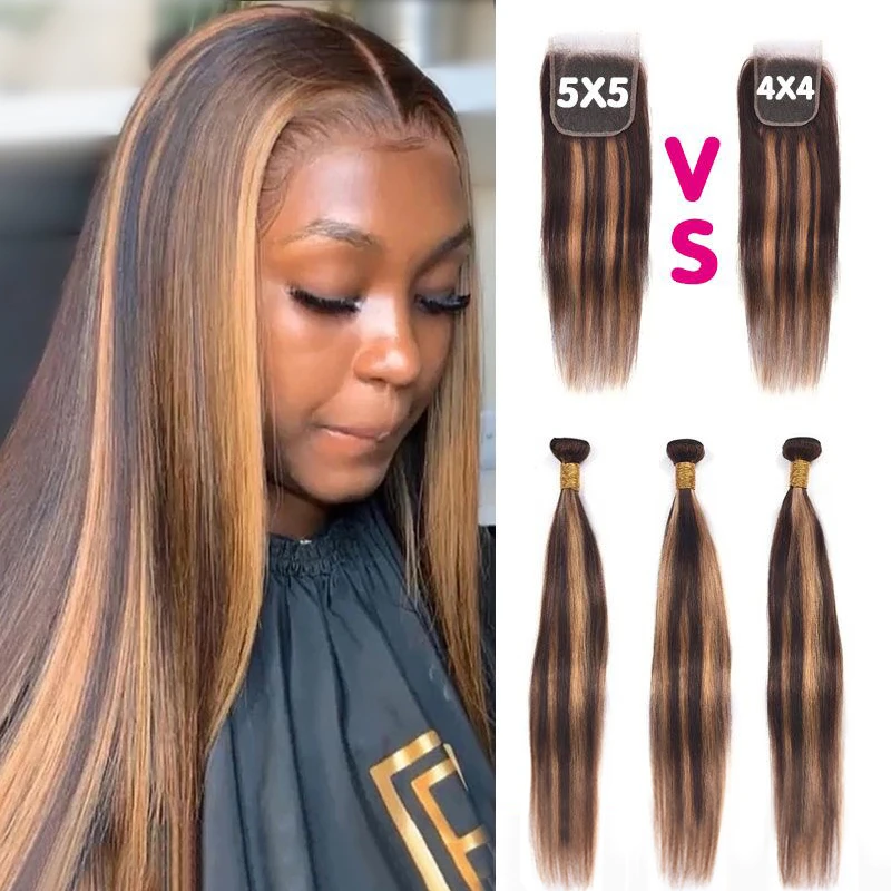Highlight Straight Bundles With 5X5 Closure Brazilian Straight 4/30 3/4 Bundles With Closure Human Hair Bundles With Closure