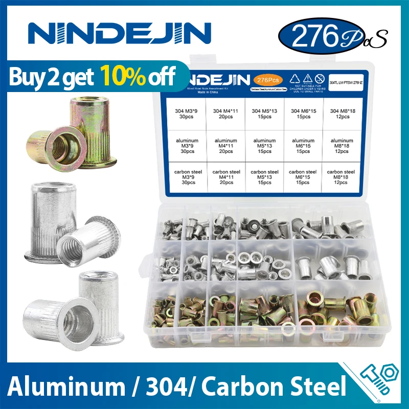 NINDEJIN 85/166pcs Blind Rivet Nut M3 M4 M5 M6 M8 M10 M12 Rivnut Stainless Steel Carbon Steel Flat Head Threaded Insert Nut Kit