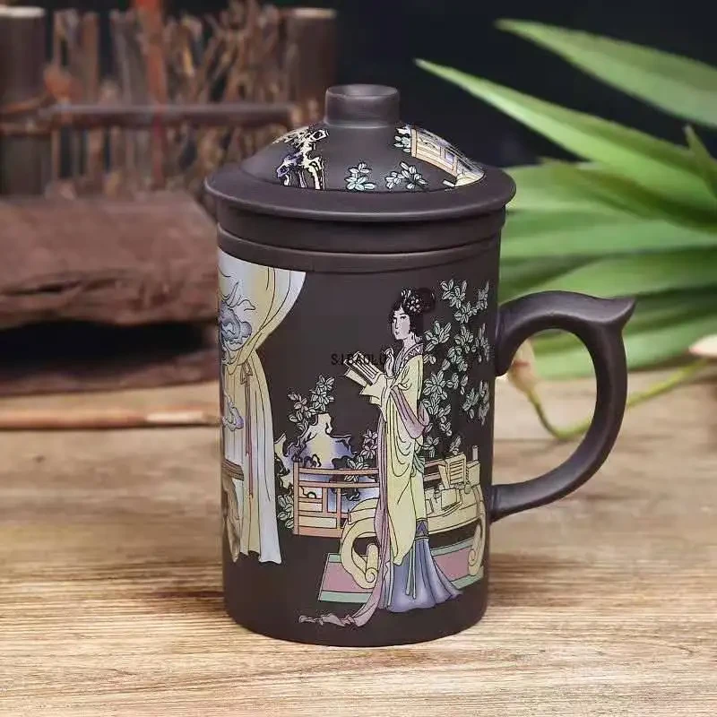 Handmade Yixing Dragon/Beauty Purple Clay Tea Mug with Lid and Tea Infuser Tea Cup Office Water Cup Gift Mug Drinkware